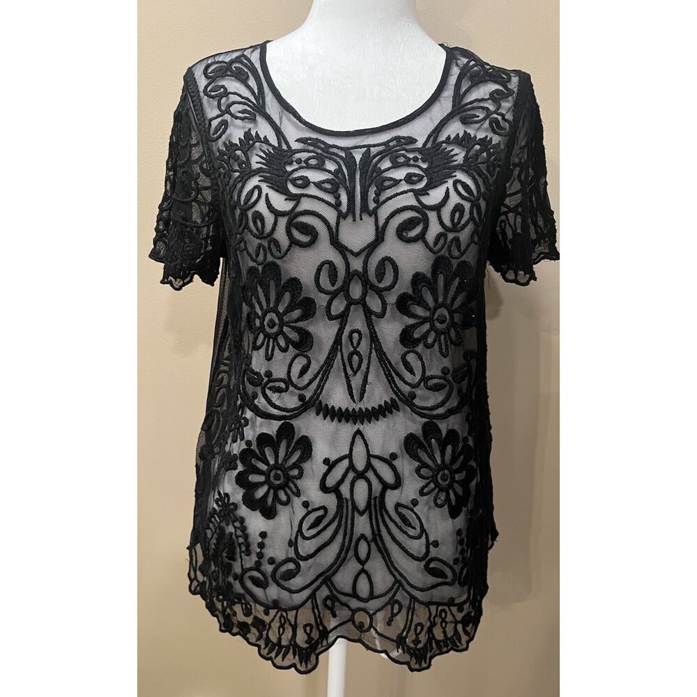 Women’s Black Floral Sheer Lace Blouse Top S Whimsigoth Witchy Rave Festival
